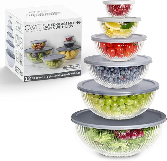 COOK WITH COLOR 12 Pc Glass Mixing Bowl Set with Lids – Borosilicate Glass Nesting Bowls for Cooking, Baking and Meal Prep, Fluted Grey