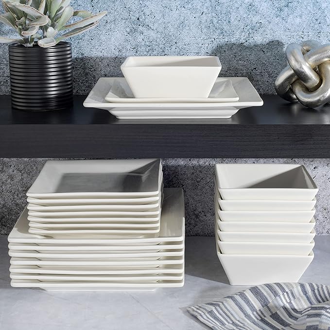 Gibson Home Zen Buffet Hard Square Porcelain Chip and Scratch Resistant Dinnerware Set, White, Service for 8 (24pcs)