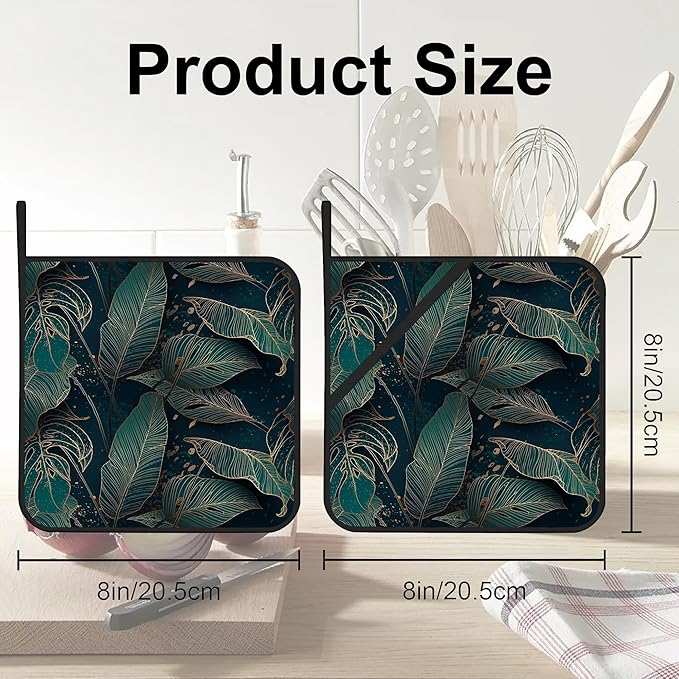 Golden Palm Leaf Pot Holders Set of 2 - Heat Resistant Oven Hot Pads for Cooking, Baking, BBQ - Gifts for Women