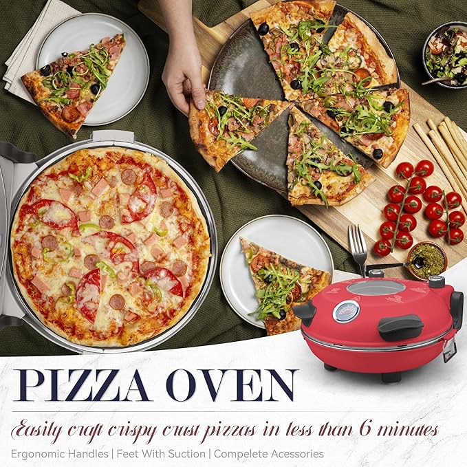Baker’s Friend Electric Pizza Oven Indoor Countertop, 12 Inch Pizza Maker Machine for Home, Pizza Cooker & Pizza Grill, Premium Glazed Ceramic Stone Pizza Oven, Chilli Red