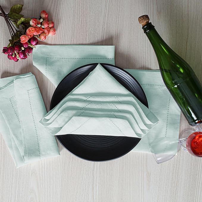 BEDDING CRAFT Set of 4 Hemstitch Pastle Blue Cloth Dinner Napkins 100% Linen - Soft Durable Washable -Ideal for Events Wedding Christmas Thanksgiving Newyear-Perfect Everyday Use Table Linen 18x18.