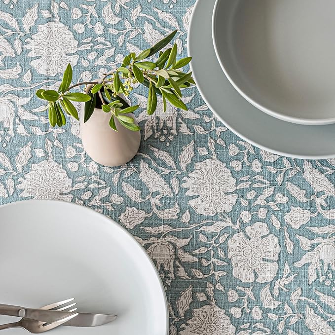 over&back Hand-Screened Tablecloth - Dining Table Cover - Each Tablecloth is Unique - 100% Cotton - Machine Washable - Kitchen and Home Decor - Blue Floral - 70x90