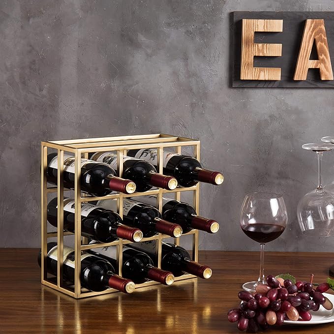 MyGif Brass Wine Rack for 9 Bottles - Modern Metal Tabletop Holder, Horizontal Storage for Kitchen, Bar & Dining Room - Rustic Industrial Decor with Gold Finish