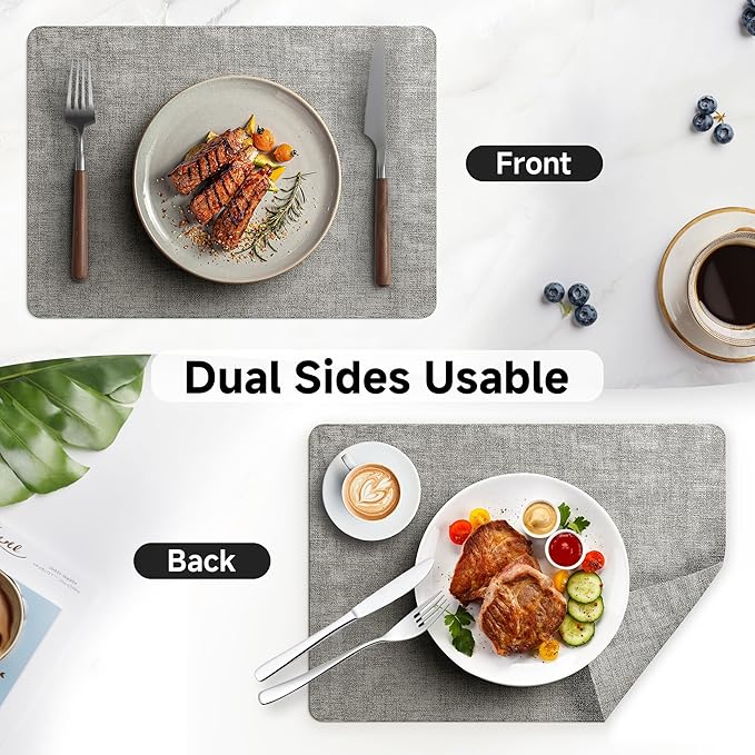 Faux Leather Vinyl Placemats Set of 4 Wipeable Heat Resistant Place Mats 100% Washable - Waterproof - Anti Slip Reversible Table Mats for Kitchen/Dining/Party/Outdoor, 12" x 16.5", Dark Grey