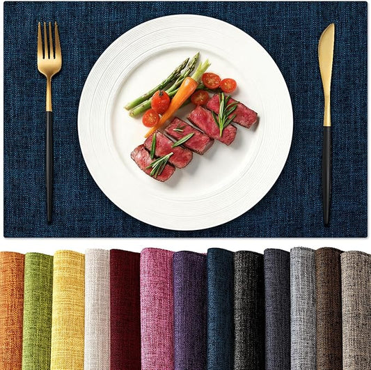 KXN Placemats Set of 6, Dual-Layer Thickened Faux Linen Table Mats, Heat Resistant & Wrinkle-Free, Machine Washable Cloth Place Mats for Kitchen Dining Indoor Outdoor (Navy Blue)