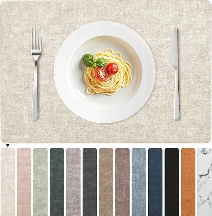 FROMHEART Faux Leather Placemats Set of 8–Waterproof,Heat/Oil Stain-Resistant PU Table Mat–Reversible,Non-Slip,Easy to Clean Place Mats for Kitchen,Dining,Indoor/Outdoor,(Beige,11.8" x 17")