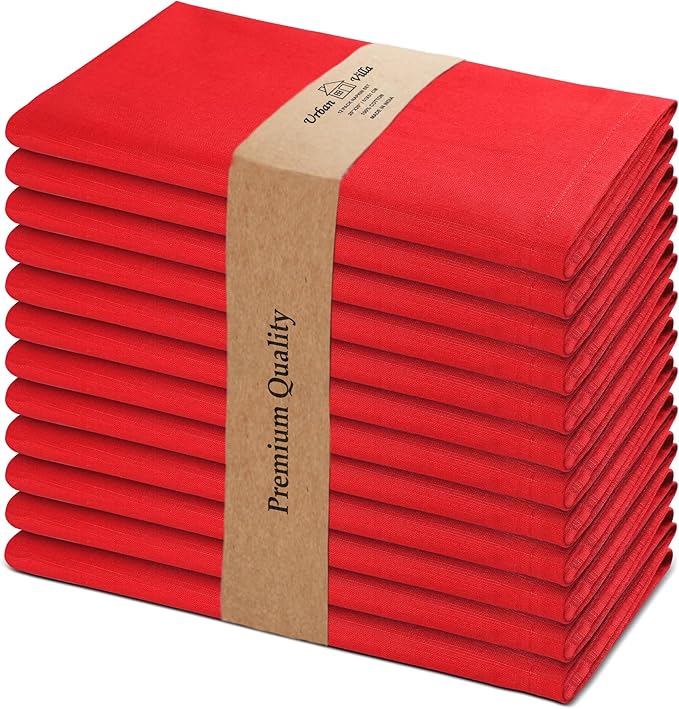 Urban Villa Cloth Napkins 100% Cotton Slub Absorbent Dinner Napkins (Set of 12) Oversized 20x20 Inches Solid Red Color Soft Durable Reusable Washable Ideal for Everyday Use Wedding Parties