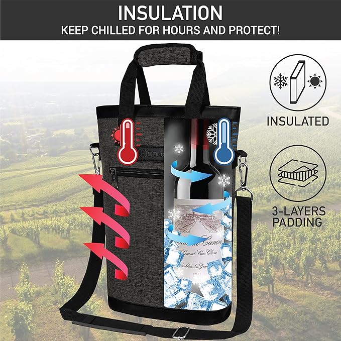 opux Two Bottle Wine Bag Carrier Tote, Insulated Leakproof 2 Bottle Wine Cooler Bag for Travel BYOB Picnic, Portable Wine Case, Gift for Men Women Wine Lover Birthday Party Christmas, Charcoal Gray