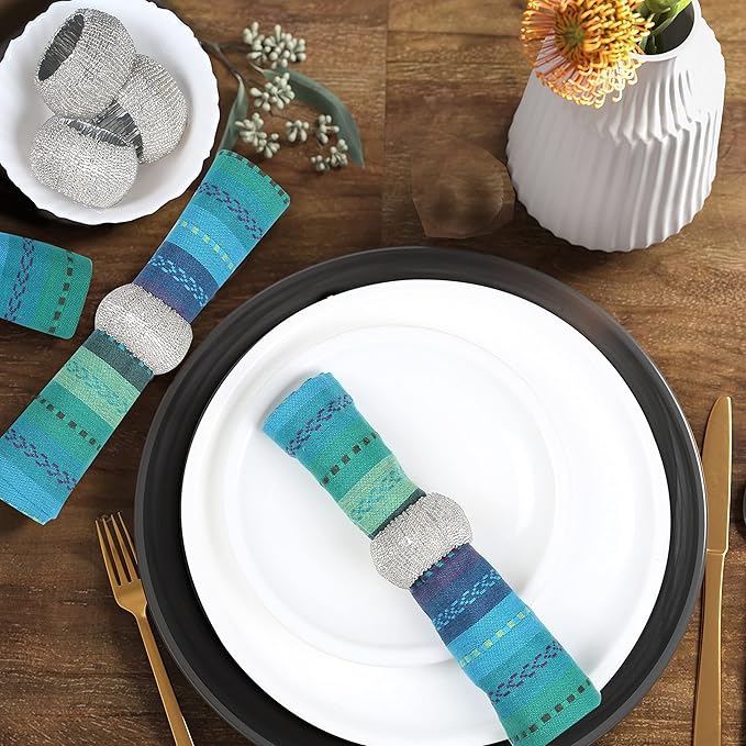 Multi Color Cotton Hemstich Napkin, Decorative Cocktail Machine Washable Dinner Napkin with Mitered Corner for Wedding Christmas Everyday Use - Pack of 12-18x18 Inch - Green Blue Multi