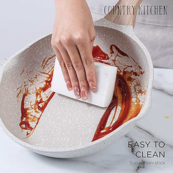 Country Kitchen Non-Stick Cast Aluminum Cookware Set - Durable Kitchen Cookware for Everyday Cooking, Speckled Cream, 8 Pc.