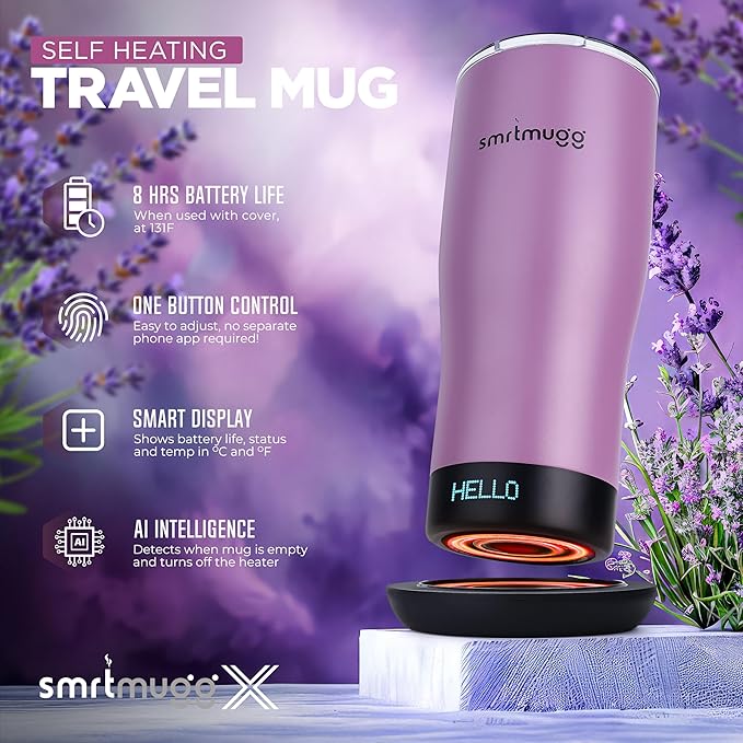 X Heated Coffee Mug 19 oz., 8 Hour Battery Life, Self-Heating, Adjustable Temp Controlled, LCD Screen, Includes Cover with Magnetic Slider (Black) (Lilac)