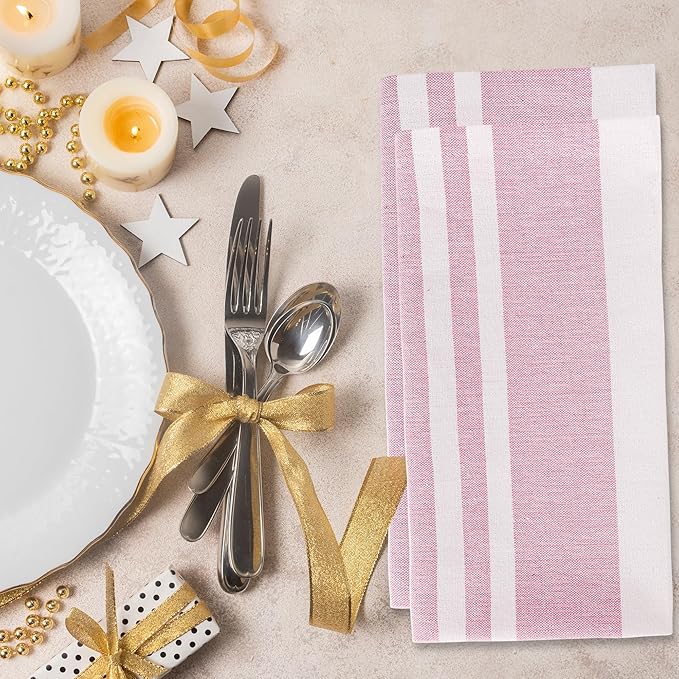 Urban Villa DinnerNapkins Horizontal Stripes Cloth Napkins Set of 12 Pink Color Dinner Napkins 20x20 Inches 100% Cotton Over Sized Cloth Napkins with Mitered Corners DinnerNapkins