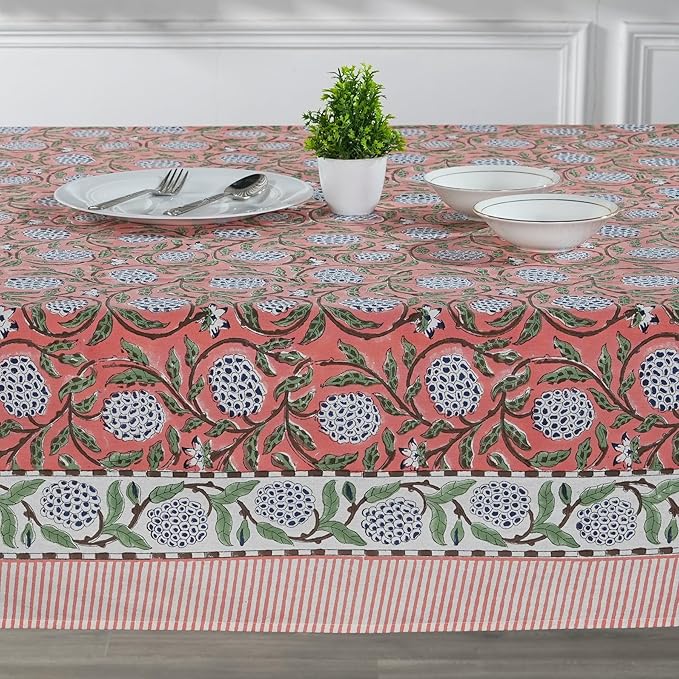 Ridhi -Dark Salmon Cotton Tablecloth, Handblock Print Floral Table Cloth for Kitchen Dining Linen I Thanksgiving, Christmas, Wedding, Fall Décor 4 Seater 60x60 Inches Square
