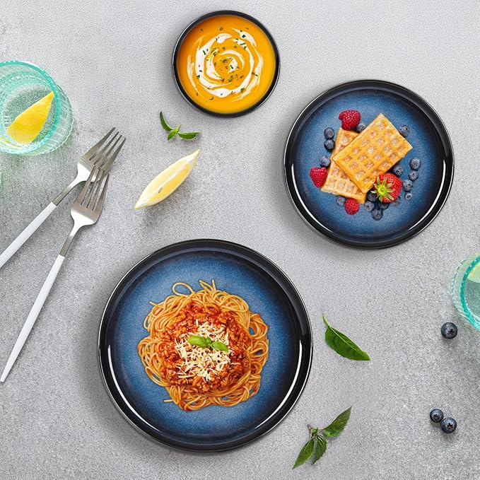 Romswi 16Pcs Dinnerware Set for 4, Stoneware Plates and Bowls Sets with Mugs, Chip & Scratch Resistant Dish Set, Handmade Reactive Glaze, Oven, Microwave and Dishwasher Safe, Dreamy Moonlight-Blue