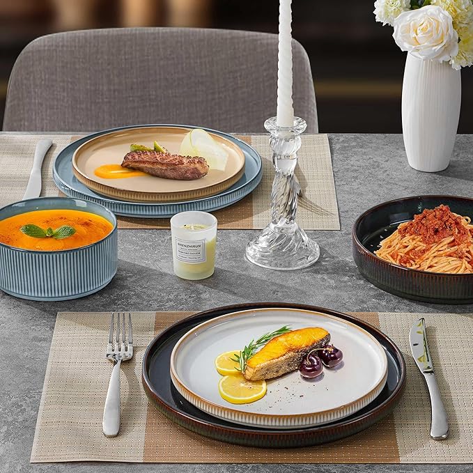 LIANYU Dinnerware Stoneware Sets with Pasta Bowls, 16 Piece Plates and Bowls Set for 4, Ribbed Dishes Set for Home, Microwave and Dishwasher Safe, Four-color