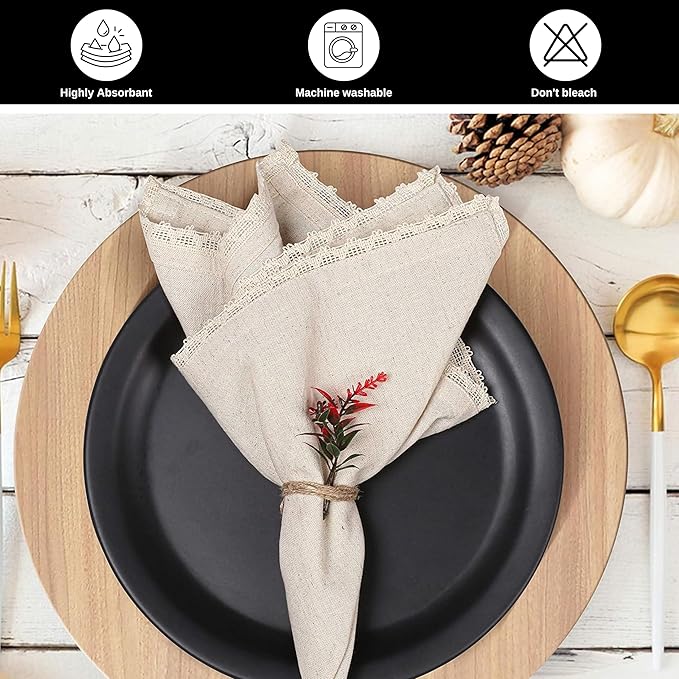 Bedding Craft Linen Flax Cotton Cloth Napkins 18x18 with Lace – Set of 72 – Machine Washable Reusable Fabric Napkins for Weddings, Cocktail Parties, Events & Table Settings (6 Dozen)