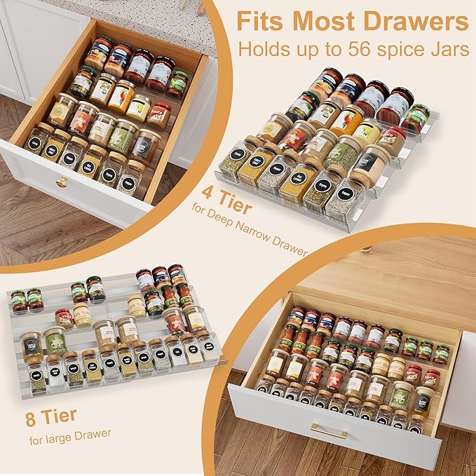 8-Pack Spice Drawer Organizer, Expandable Acrylic Seasoning Rack (13" to 26") with Anti-Slip Mat, Kitchen Spice Rack Tray Holds up to 56 Jars (Jars Not Included)