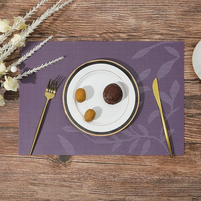 SHACOS Woven Vinyl Placemats Set of 4 Purple Leaf Pattern Place Mats Wipe Clean Durable PVC Heat Resistant Table Mats (4, Leaf Purple)