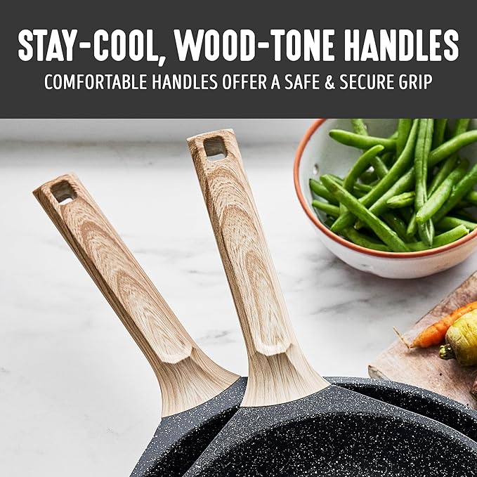 GreenLife Nonstick 2 Piece Frying Pan Set, 9.5" & 11" Skillets Ceramic PFAS-Free Nontoxic, Induction Suitable, Wood Print Handles, Stay-Cool Handles, Deep Cooking Skillets, Egg Pan, Granite Black