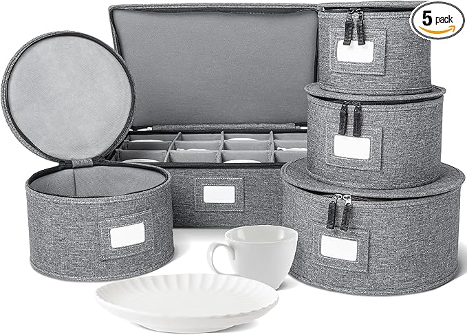 storageLAB China Storage Containers, Hard Shell Case with Felt Dividers for Charger Plates, and Dishes, Ideal for Kitchen Organization, Moving Supplies, and Fine China Storage - 5-Piece Set, Gray