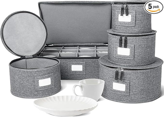 storageLAB China Storage Containers, Hard Shell Case with Felt Dividers for Charger Plates, and Dishes, Ideal for Kitchen Organization, Moving Supplies, and Fine China Storage - 5-Piece Set, Gray