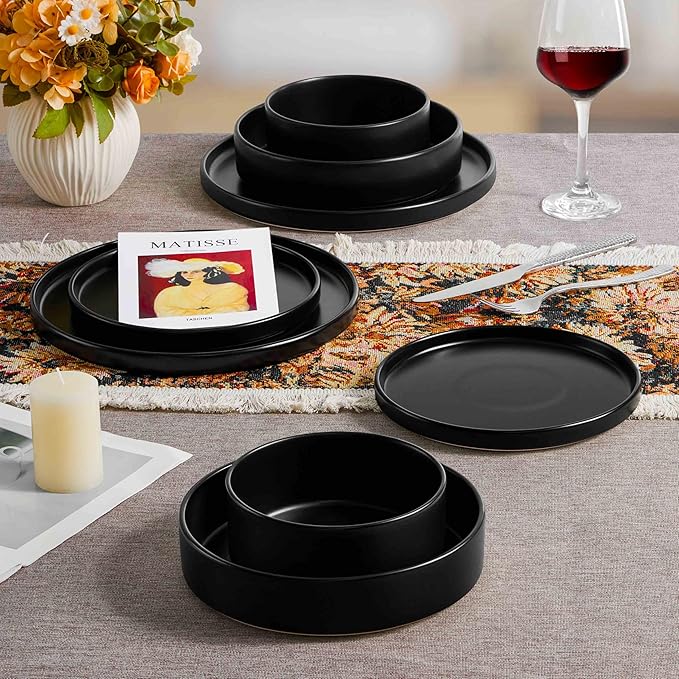 Herogo Dinnerware Sets with Pasta Bowls for 6, 24 Piece Dinner Salad Plates and Cereal Serving Bowls, Stoneware Dishes Dinner Ware for Home Kitchen, Dishwasher & Microwave Safe, Matte Black
