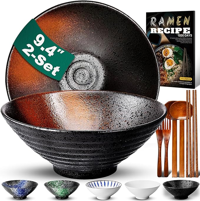 9.4Inch Ceramic Ramen Bowl Set of 2 (9 Piece) - Porcelain Japanese Salad Noodles Cereal Fruit Pasta Soup Large Bowls with Recipes Chopsticks Forks Spoons for Men Women Gift Microwave Dishwasher Safe