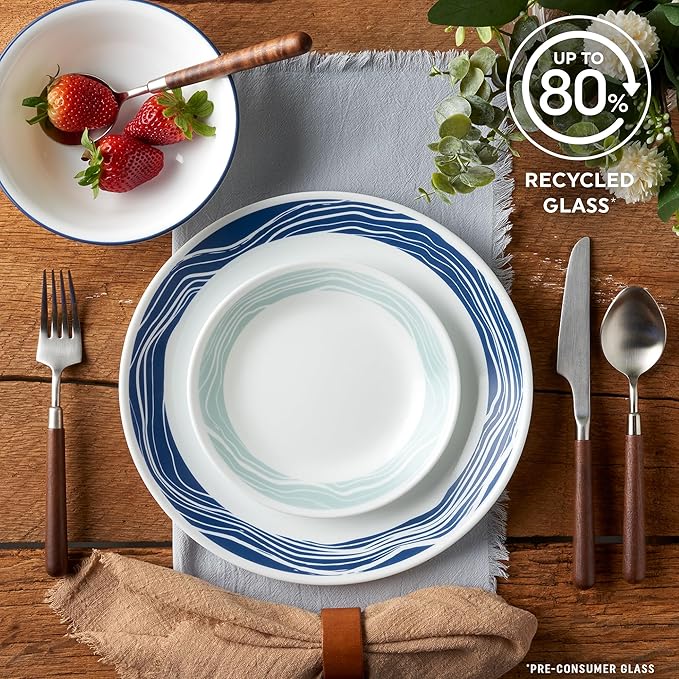 Corelle Vitrelle 18 Piece Glass Dinnerware Sets Service for 6, Triple Layer Chip & Crack Resistant Glass Plate and Bowl Sets, Acadia