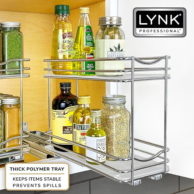 LYNK PROFESSIONAL® Pull Out Spice Rack Organizer for Inside Kitchen Cabinets - 4-3/8 inch Wide - Slide Out Drawer – Chrome Sliding Spice Cabinet Organization Shelf Racks - 2 Tier