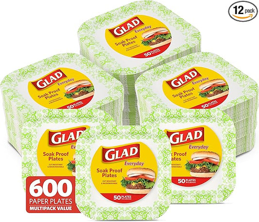 Glad Square Disposable Paper Plates, Green Victorian Pattern - Strong, Sturdy, Soak Proof, and Microwavable Decorative Plates for Dinner and Everyday Use, 10 Inch, 50 Count - 12 Pack