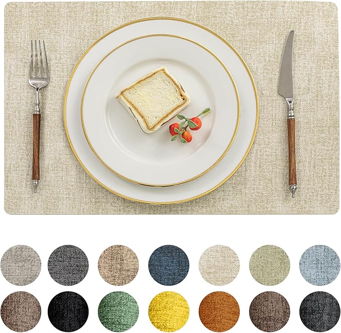 Romanstile Vinyl Placemats Set of 8-12 X 18 Inch - Heat Resistant Place Mats 100% Waterproof Oilproof Wipeable Reversible Faux Leather Table Mats for Kitchen/Dining/Party/Outdoor, Beige