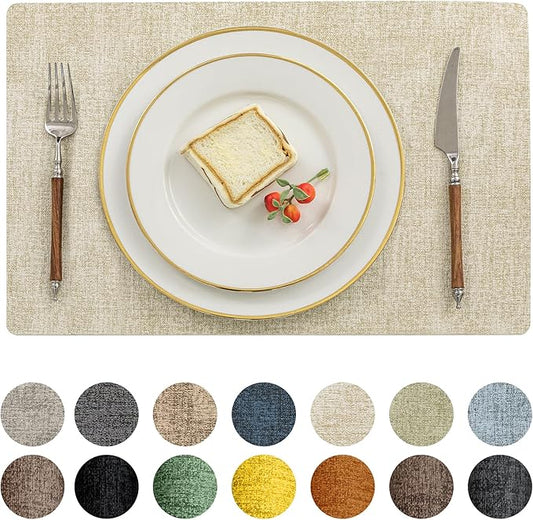 Romanstile Vinyl Placemats Set of 12-12 X 18 Inch - Heat Resistant Place Mats 100% Waterproof Oilproof Wipeable Reversible Faux Leather Table Mats for Kitchen/Dining/Party/Outdoor, Beige