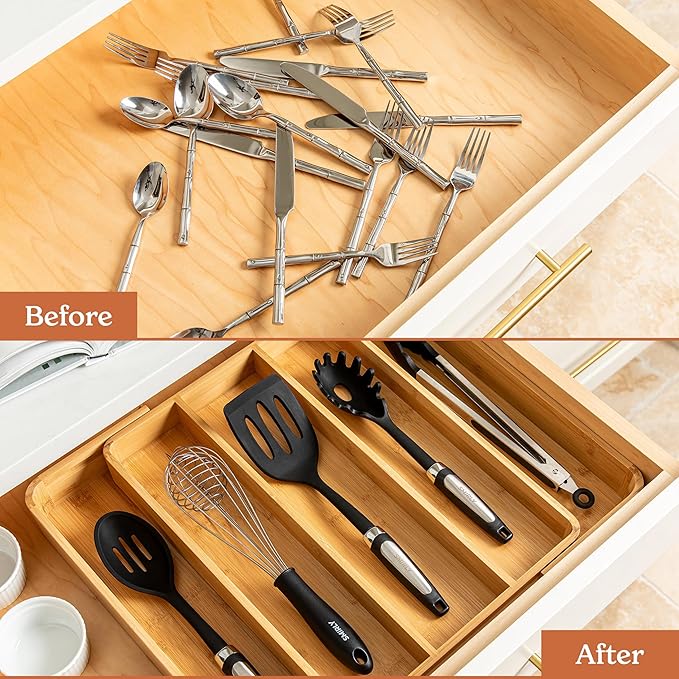 SMIRLY Silverware Drawer Organizer – Bamboo Kitchen Drawer Organizer, Adjustable Utensil Holder and Cutlery Tray, Drawer Dividers for Flatware and Kitchen Utensils
