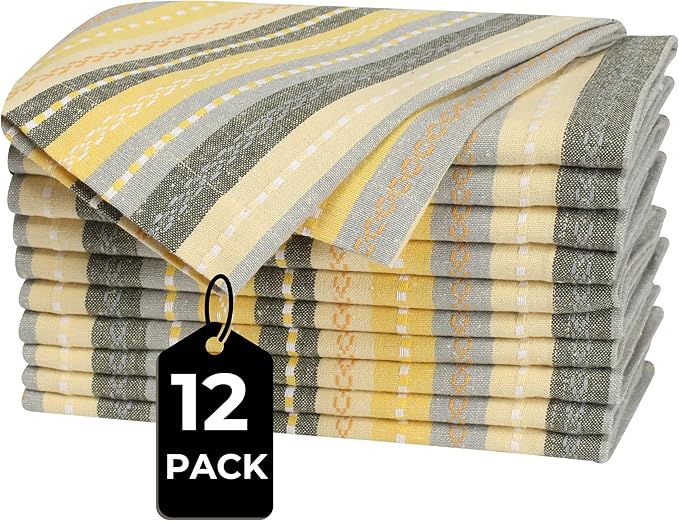 Yellow Thanksgiving Dinner Cloth Napkins Set of 12, 18x18 Inches Holiday Napkins Machine Washable, Soft, Cotton Blend - for Everyday, Lunch, Weddings, Parties - Multi Salsa Stripe