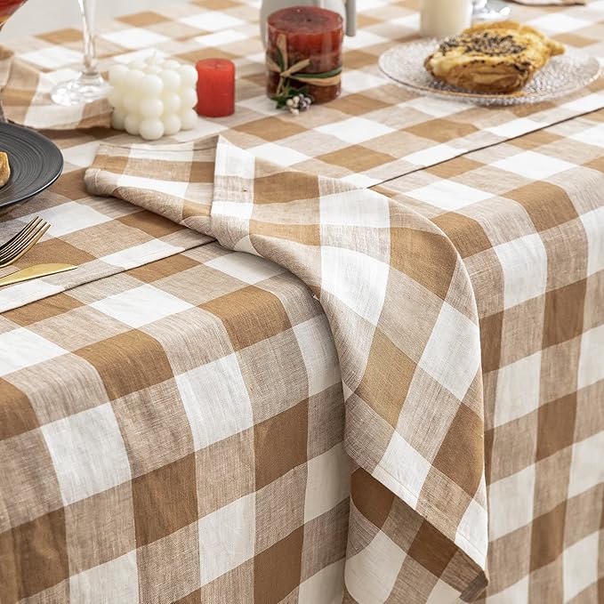 EVERLY 100% Yarn-Dyed Linen Rectangle Tablecloths 60x84Inches for Dining,Buffet Parties,Picnic,Events and Restaurants,Decorative Halloween,Thanksgiving Machine Washable Tablecloths-Brown Plaid
