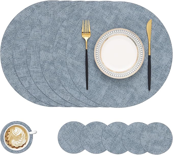 homing Round Faux Leather Placemat and Coaster 6 Packs, Washable Heat Resistant Dining Place Mats, Wipeable Double-Sided Table Mats for Indoor and Outdoor, Diameter 13 and 3.93 inch, Blue