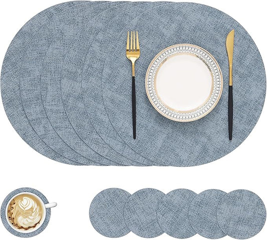 homing Round Faux Leather Placemat and Coaster 6 Packs, Washable Heat Resistant Dining Place Mats, Wipeable Double-Sided Table Mats for Indoor and Outdoor, Diameter 13 and 3.93 inch, Blue