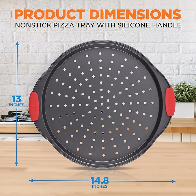 NutriChef 13-Inch Nonstick Pizza Tray - 12 PACK, Round Carbon Steel with Perforated Holes, Silicone Grip Handles, Dishwasher Safe, PFOA Free Bakeware