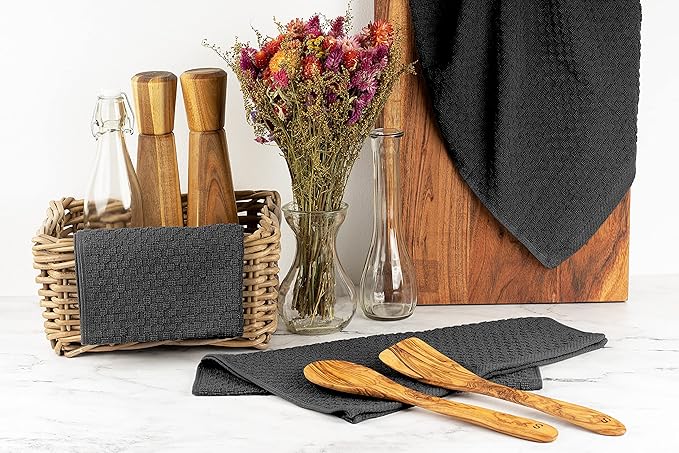 Wealuxe Super Absorbent Kitchen Towels 12 Pack - Premium 100% Cotton Kitchen Towels, 450GSM Thick Machine Washable Black Dish Towels for Kitchen Drying, Cleaning, Dobby Weave, Unmatched Quality