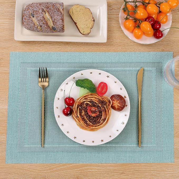 SHACOS Woven Vinyl Placemats Set of 6 Wipe Clean Place Mats for Dining Table Heat Resistant PVC Weave Table Mats Indoor Outdoor (6, Frame Light Turquoise)