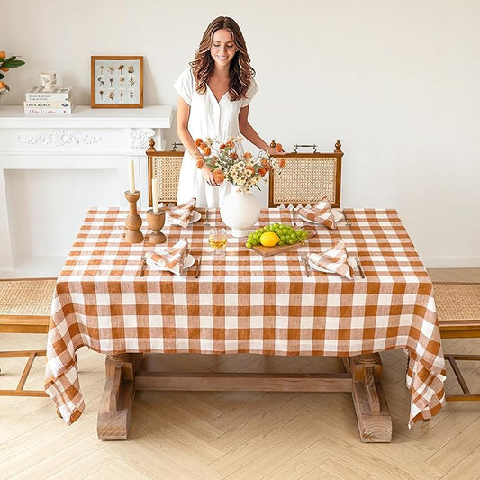 Linen World Checkered Tablecloth – Buffalo Plaid Linen Tablecloth 120" x 60" Inch,100% French Flax Table Cloth for Dining Table,Weddings,Thanksgiving & Christmas Decor,Rust Checkered