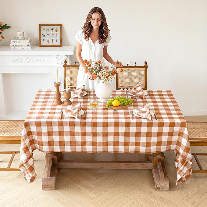 Linen World Checkered Tablecloth – Buffalo Plaid Linen Tablecloth 108" x 60" Inch,100% French Flax Table Cloth for Dining Table,Weddings,Thanksgiving & Christmas Decor,Rust Checkered