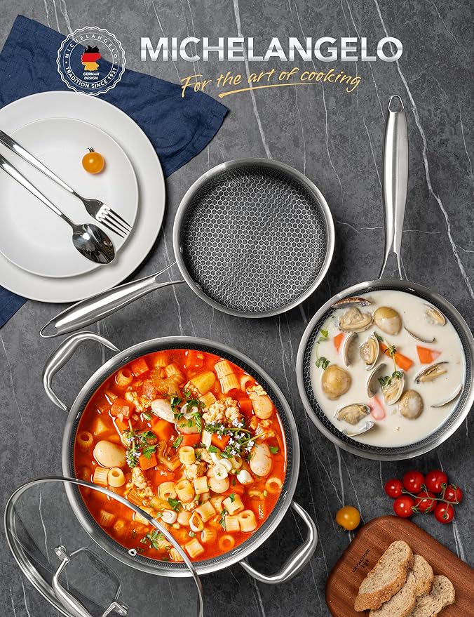 MICHELANGELO 6 Pcs Tri-ply Stainless Steel Pot Set, 2QT & 3QT & 8QT Pot with Lids, Nonstick HoneyComb Interior Cooking Pot Set, Compatible with All Cooktops, Oven & Dishwasher Safe