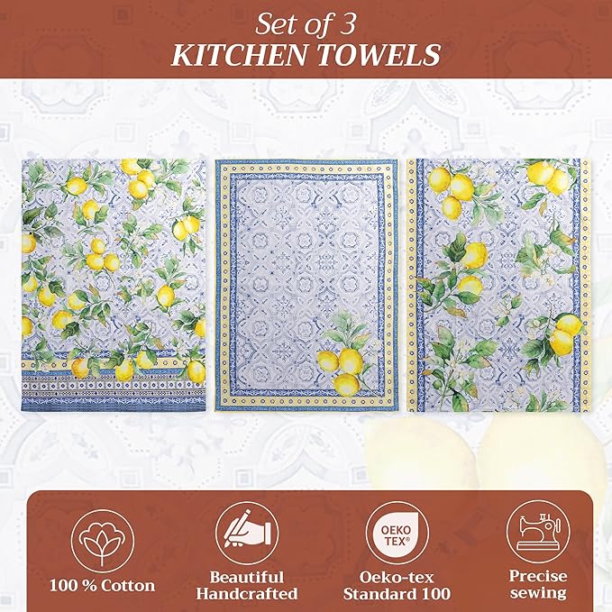 Maison d' Hermine Kitchen Towels Set of 3 100% Cotton 27.50" x 20" Reusable Cloth Tea Dish Towels Absorbent with Hanging Loop for Kitchen, Home, Dining, Cocktail Parties Spring/Summer (Citrus)