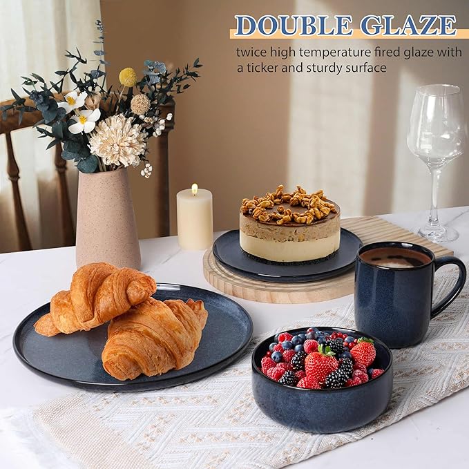 LIANYU 16 Piece Dinnerware Sets with Mugs, Stoneware Plates and Bowls Sets for 4, Dinner Dishware Dishes for Kitchen Dining, Microwave & Dishwasher Safe, Sapphire Blue