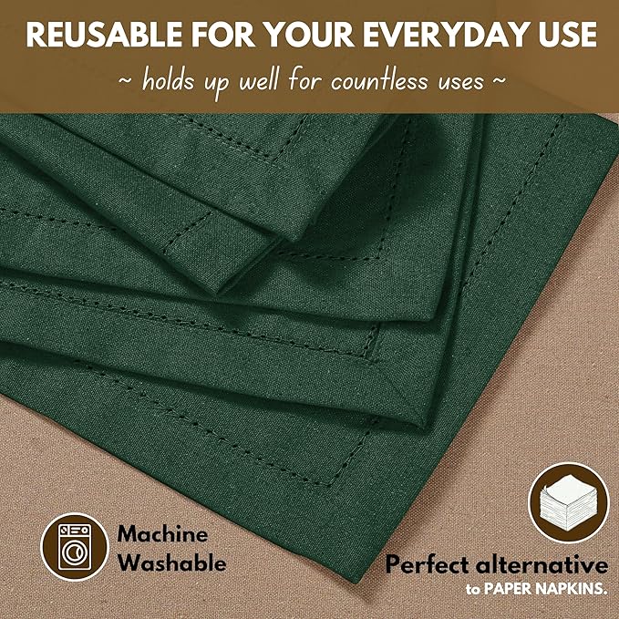 Native Fab Cloth Napkins Set of 4, Hemstitched Edges 100% Cotton, Washable Fabric Napkins, 18x18 inch, Soft, Comfortable, Reusable Table Napkins for Lunch, Parties, Events, Dinner - Forest Green