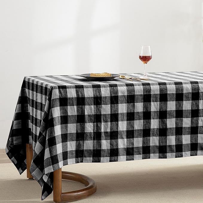 EVERLY 100% Yarn-Dyed Linen Rectangle Tablecloths 60x108Inches for Dining,Buffet Parties,Picnic,Events and Restaurants,Decorative Halloween,Thanksgiving Machine Washable Tablecloths-Black Plaid