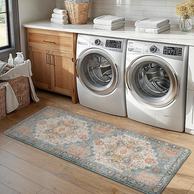 GENIMO Kitchen Mats for Floor 2PCs, Washable Anti Fatigue Mat for Cushioned, 17.3"x47"+17.3"x30", Waterproof Kitchen Rugs, Non Slip Comfort Standing Mat Rug for Home, Sink, Laundry, Blue&Salmon