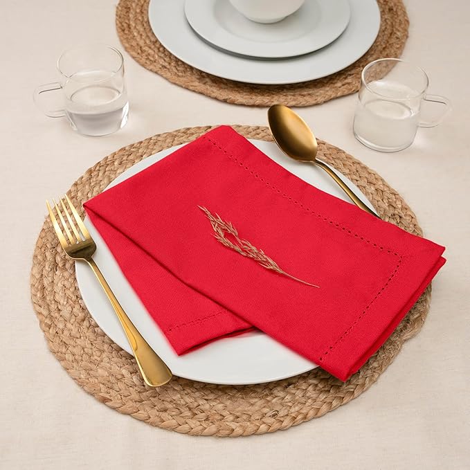 Blue Needles Set of 6 Hemstitch Linen Napkins 100% Cotton Red Cloth Dinner Napkins 18x18 inches, Soft, Reusable, Absorbent, Washable, Ideal for Fall Thanksgiving Events, Parties & Everyday Use