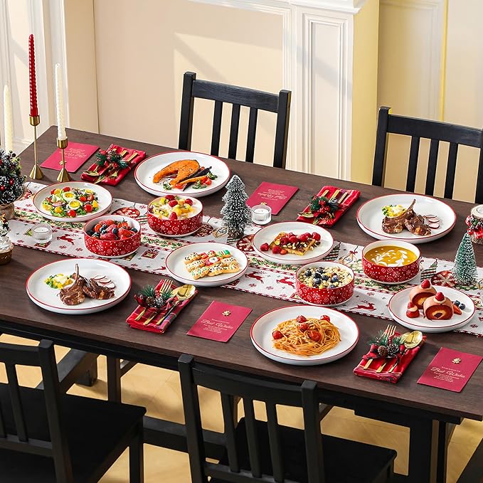 MALACASA Plates and Bowls Sets, 12 Pieces Christmas Porcelain Dinnerware Set for 4, Ceramic Dishware Dishes Kitchen Dining Ware Set, Microwave and Dishwasher Safe, Series LUNA-Christmas Tree